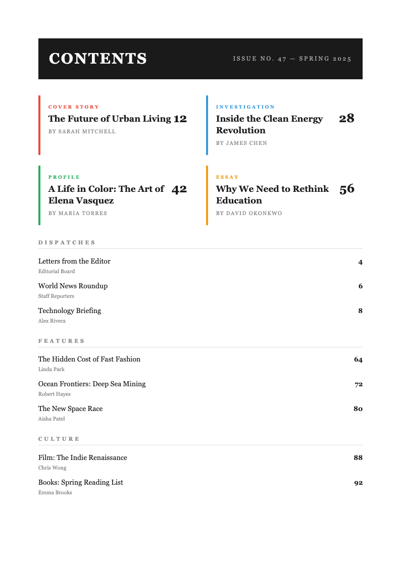 Editorial magazine table of contents